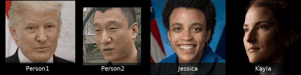 Four AROD talking-head generations driven by the same audio